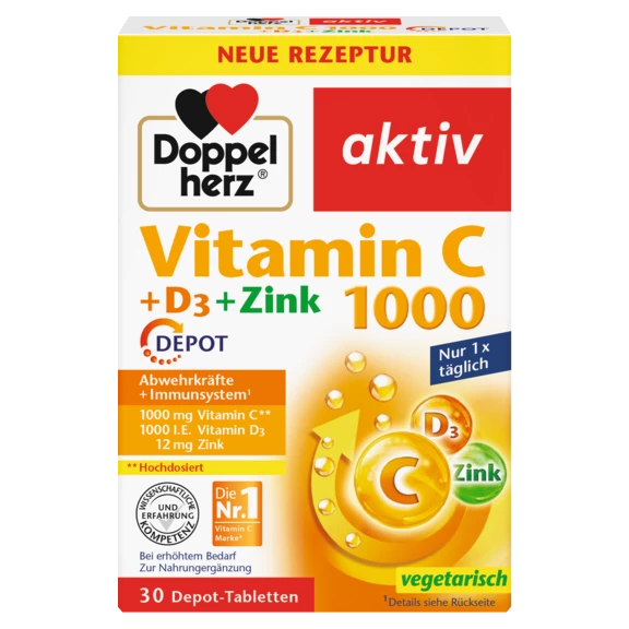 Illustration of the product packaging Doppelherz aktiv Vitamina C 1000 + D3 + Zinc DEPOT front view